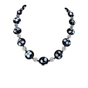 Handcrafted Black & White Floral Glass Beaded Necklace With Clear Crystal Accent